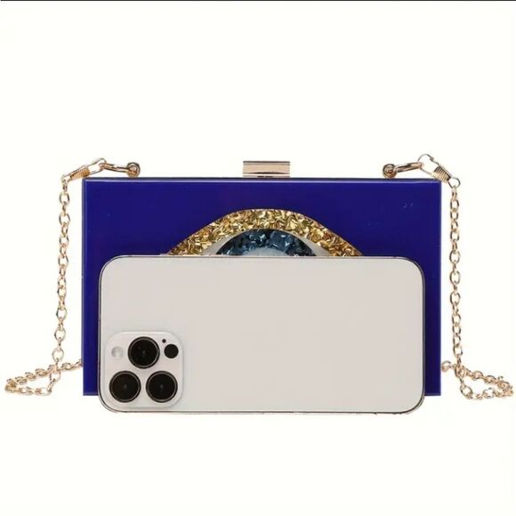 Blue Evil Eye Hard Shell Clutch Bag Chain - Picture 4 of 8